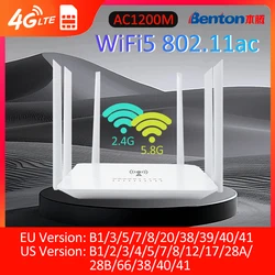 SIM 카드 슬롯이 있는 Benton 듀얼 밴드 4G LTE 라우터, VPN 4G SIM 와이파이 라우터, 2.4GHz, 5.8GHz 와이파이 핫스팟 리피터, 1200M