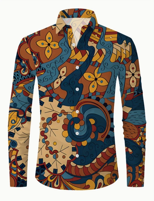 Men'S Mature Floral Print Button-Up Shirt - All-Season, Regular Fit, Long Sleeve, Lightweight Fabric,  Casual Wear
