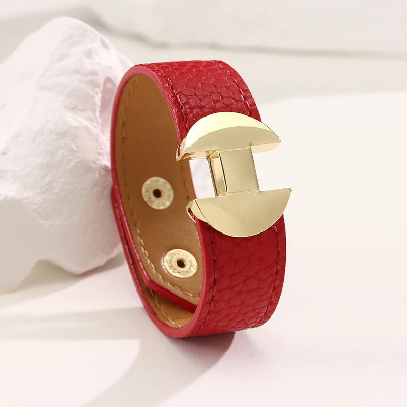 Gothic Punk Lychee Pattern Glossy Bracelets Belt Buckle PU Leather Women Men Multicolor Couple Bangles Fashion Top Jewelry