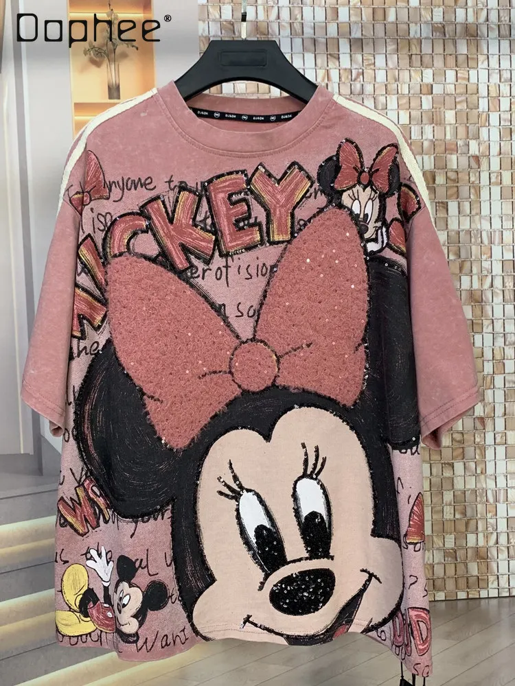 

Модная брендовая молодежная свободная футболка с короткими рукавами и блестками с бантом и мультяшным принтом для женщин, топ Y2k