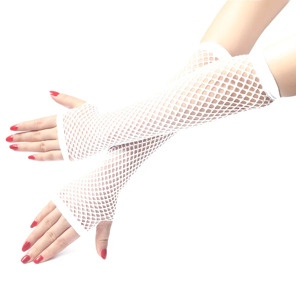 Sexy Women Medium Length Fishing Net Elastic Mesh Black White Ancient Party Long Punk Fingerless Nightclub Etiquette Gloves