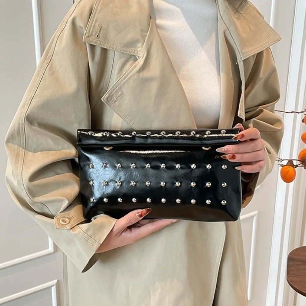 Luxury Rivet Envelope Clutch Bag Large Capacity Elegant Leather Evening Bag Korean Style Unique Solid Metallic Sheen Handbag