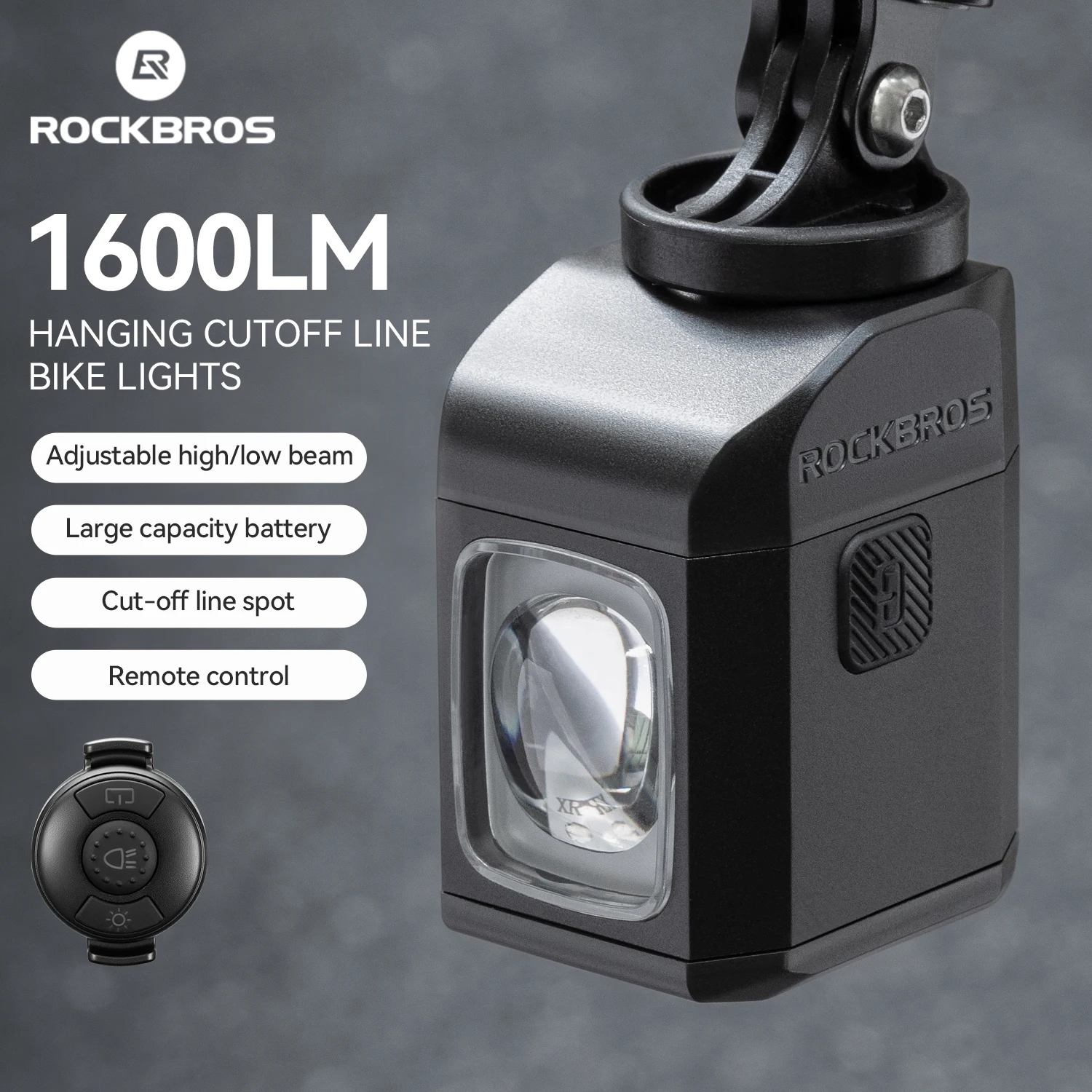 

ROCKBROS 1600LM Подвесной светильник для велосипеда с дистанционным управлением, цифровой дисплей, велосипедный светильник IPX6, всепогодный умный велосипедный фонарь, налобный фонарь