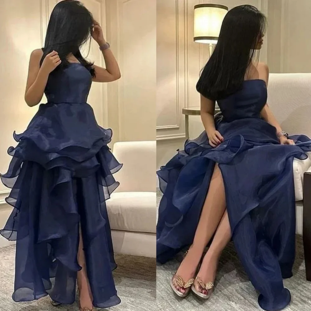 

Elegant Long Navy Blue Square Collar Tulle Evening Dresses Sleeveless with Slit A Line Ruffled Floor Length Party Gowns