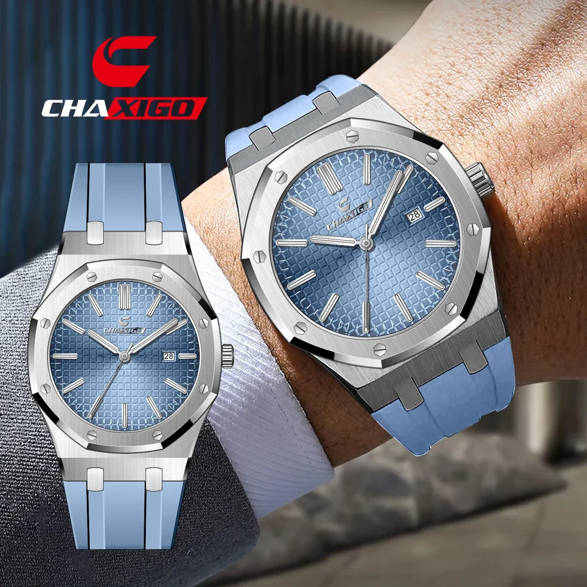 

CHAXIGO 082 Luxury Brand Man Watch Waterproof Luminous Date Week Quartz Wristwatch Stainless Steel Fashion Sport Watches for Men