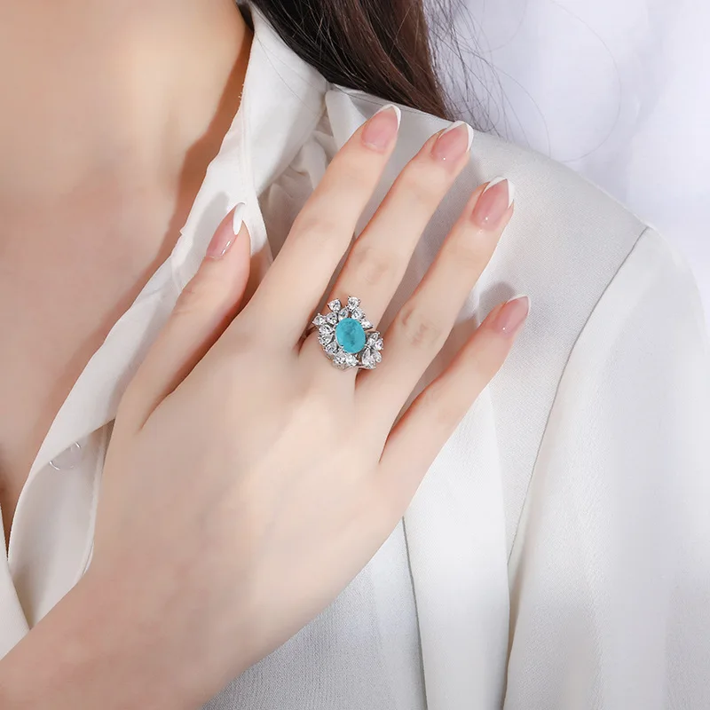 New fashion trend S925 silver inlaid 5A zircon opening adjustable ring Paraiba ruby ring main stone