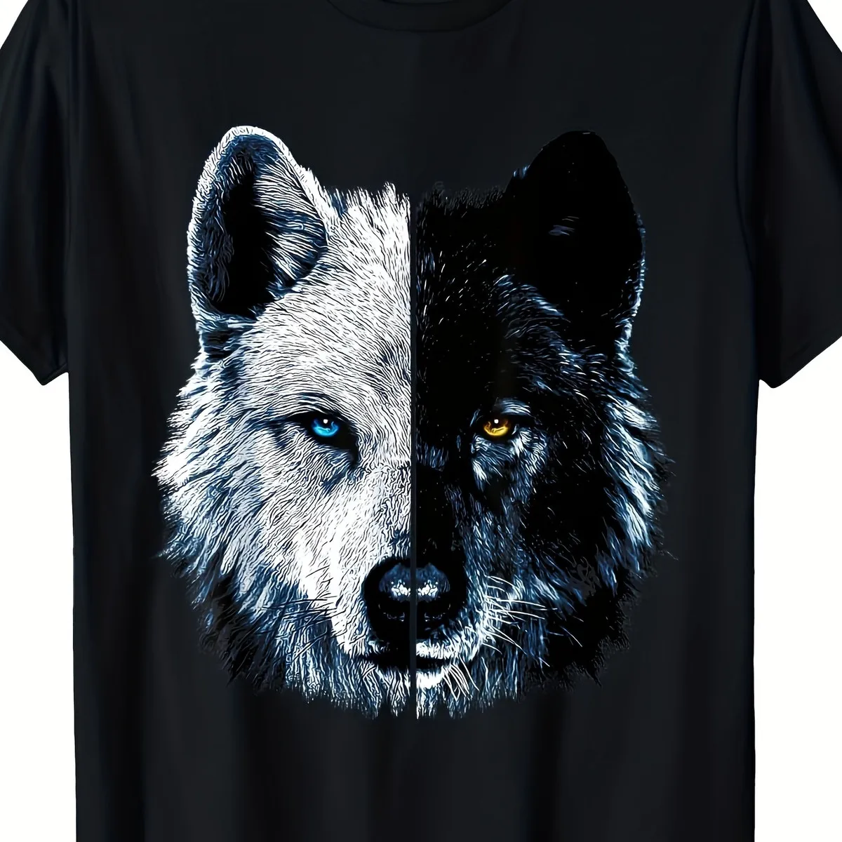 Two-Faced Wolf Graphic T-Shirt - Polar & Black Split Face Design, Retro Streetwear Tee with Vibrant Digital Print, Regular Fit