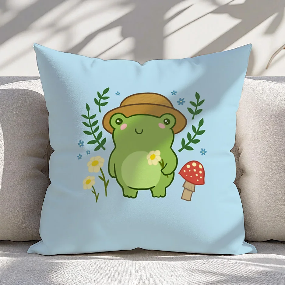 Kawaii Green Frog Gardener with Straw Hat and Flower Pillow Cover Double Sided Soft Plush Cushion Case 18x18 Inches