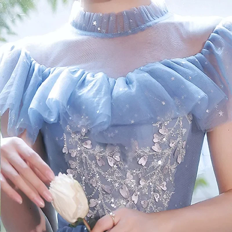 It's Yiiya Customized Evening Dress Blue Tulle Ruffles Appliques Beads Floor-Length A-Line Plus size Woman Formal Party Gowns