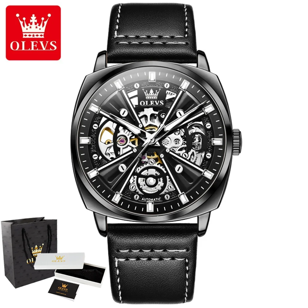 

OLEVS 6685 Original Men's Watches Fashion Hollow Tonneau Case Leather Strap X Series Luxury Brand Automatic Mechancial Man Watch