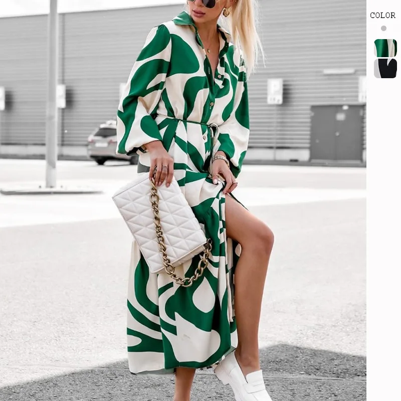 신상 여성 기하학 프린트 벨트 셔츠 드레스 긴팔 버튼다운 캐주얼 시크 & 스트릿 스타일에 이상적