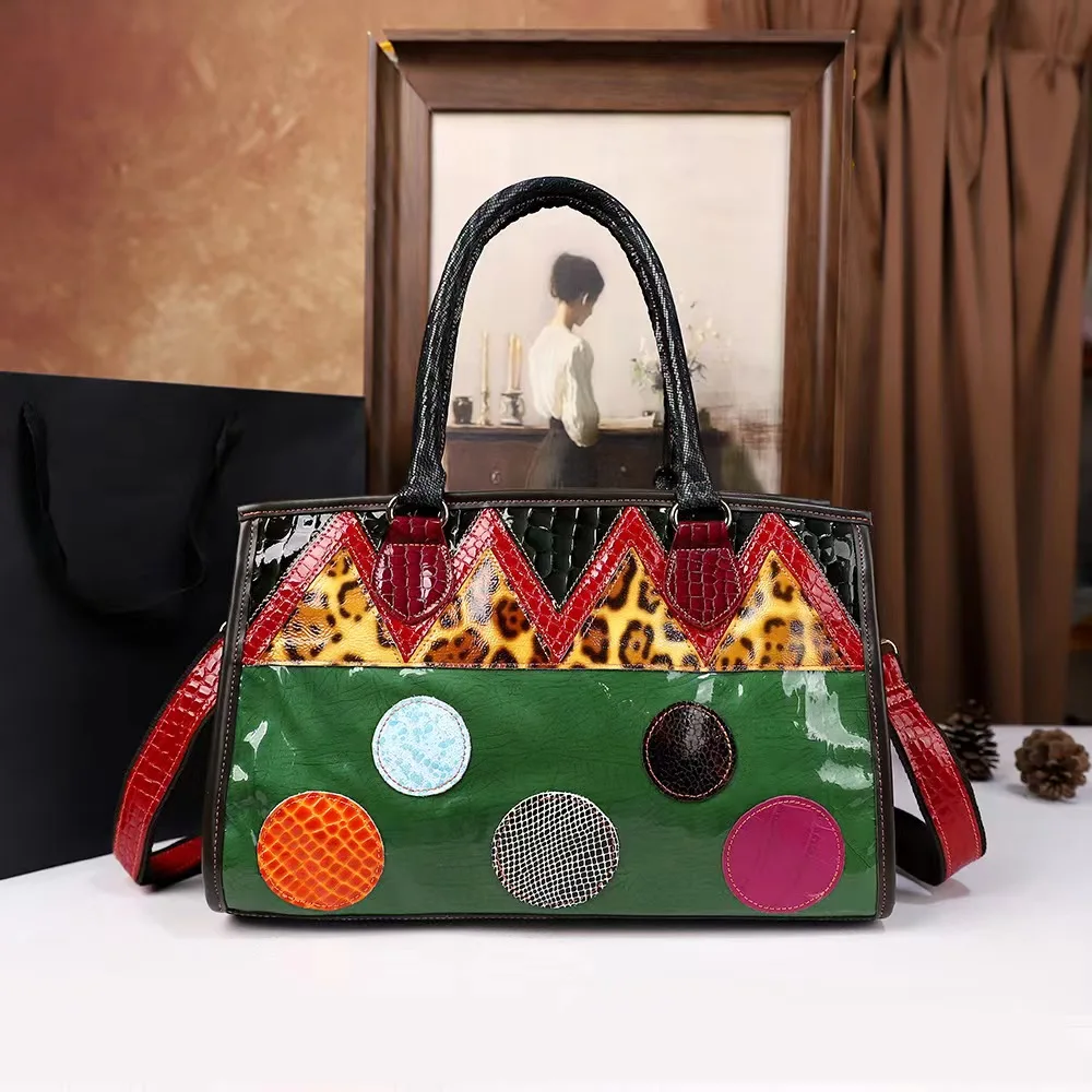 

Vintage colorful patchwork cowhide handbag 2026 new niche tote bag genuine leather large capacity single shoulder crossbody bag