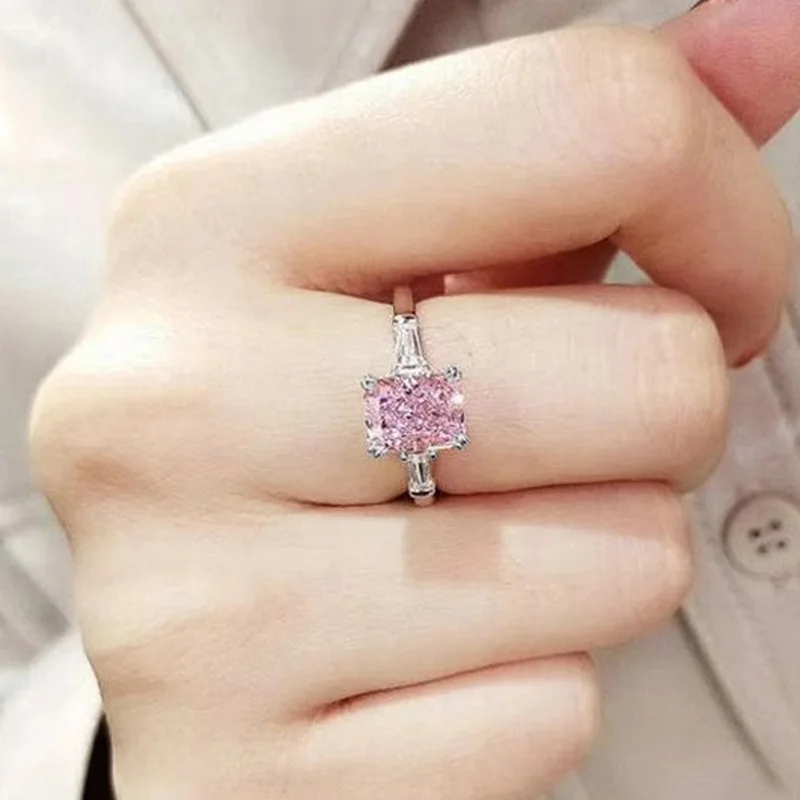 Square Pink Cubic Zirconia Wedding 925 Sterling Silver Rings for Women Romantic Bridal Marriage Party Rings Fashion Jewelry