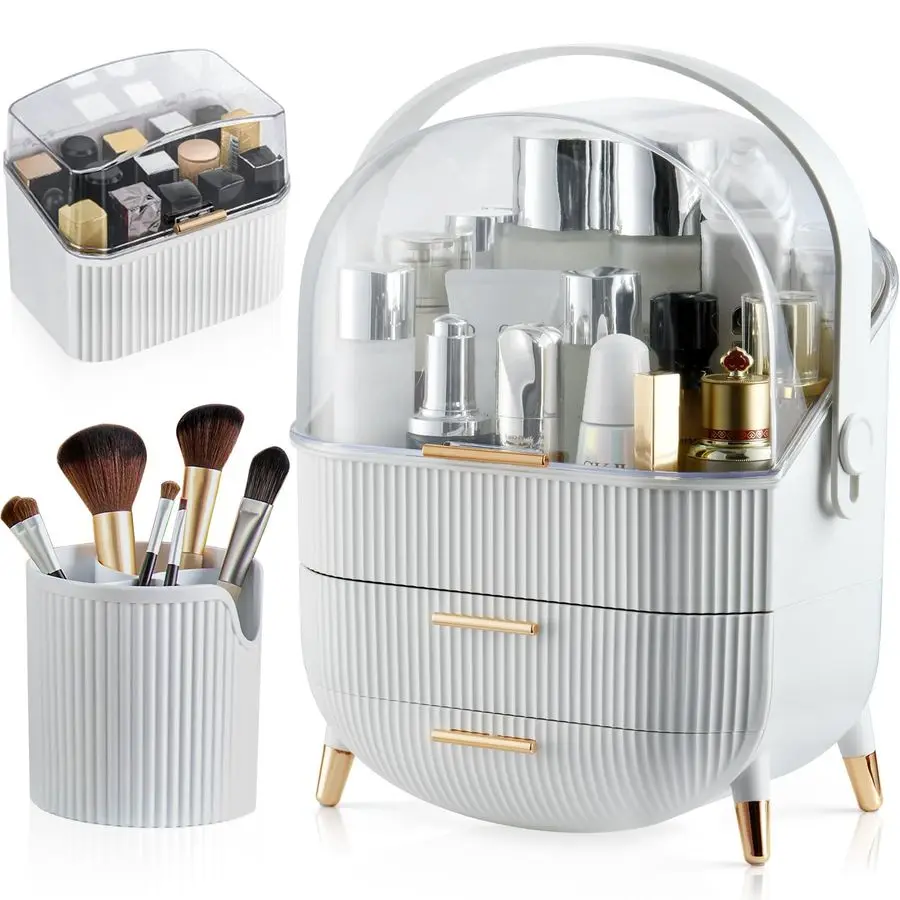 

Makeup Organizer,Skincare Organizer with 2 Drawers and Brush Storage Box,Lipstick Holder,Cosmetic Display Case for Vanity Organi