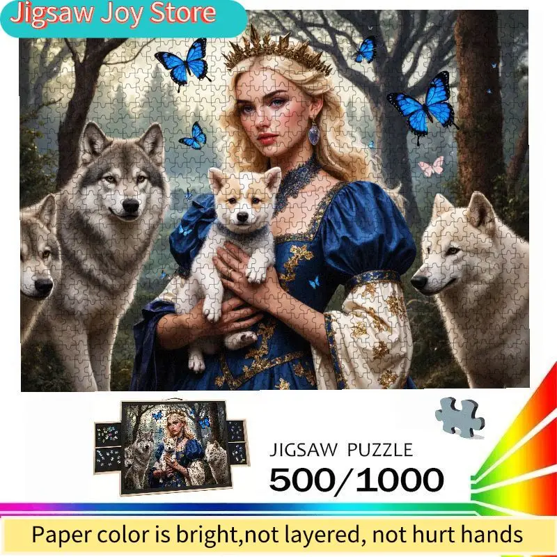 

Princess in Misty Forest Jigsaw Puzzle | Luxurious Gold-Blue Dress and Crown, Dreamy Long Golden Hair with Cute Puppy, Perfect