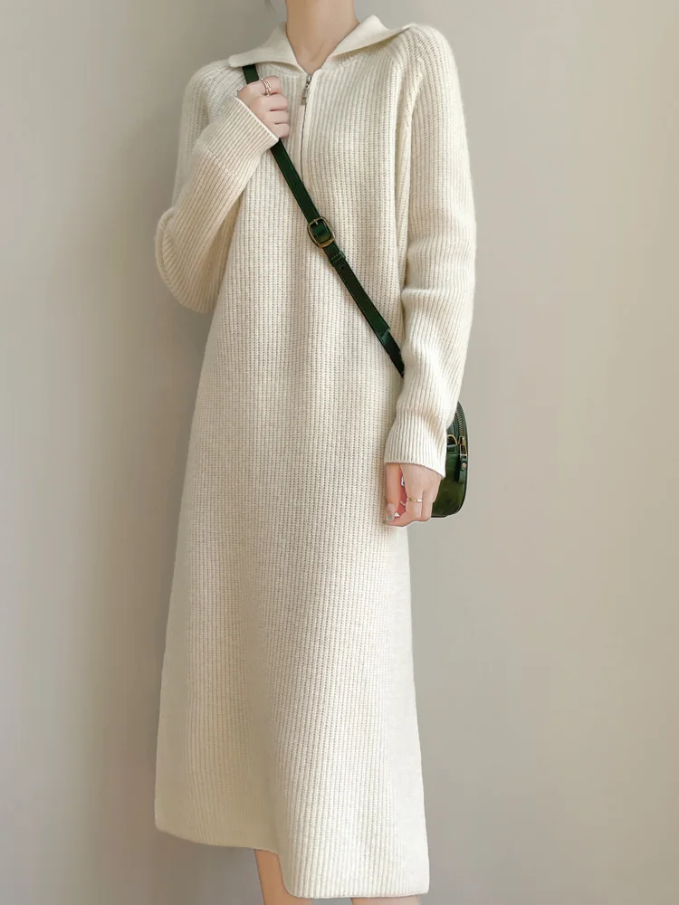 

Women Half Zipper Polo Collar Dress 100% Merino Wool Sweater Pullover Autumn Winter Loose Soft Jacquard Knitwear Hem Split Skirt