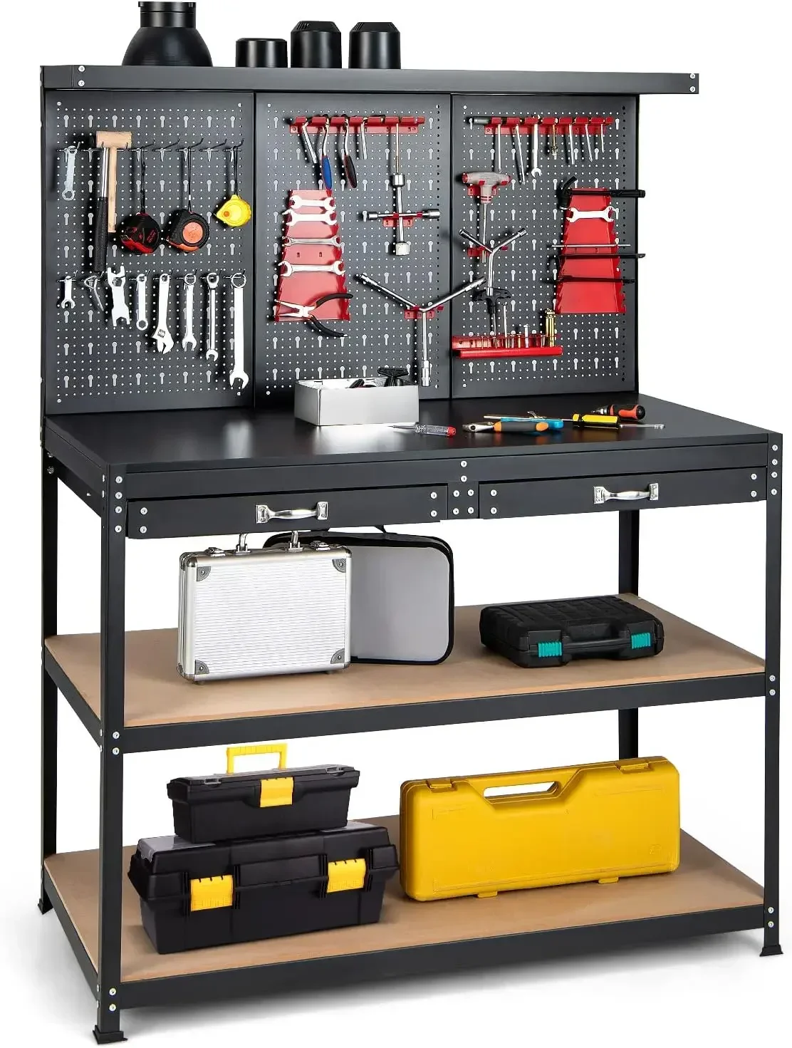 Work Bench with Pegboard, 48”x24” Work Table with Drawers, 965LBS Capacity, Pegboard, 25 Hanging Accessories, Metal Tool Bench,