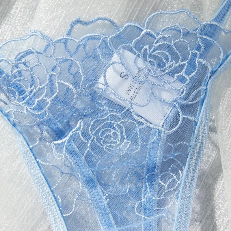 Breathable Lingerie Set Sheer Lace Bra Thong Floral Embroidery Mesh Transparent Bralette Kits for Women