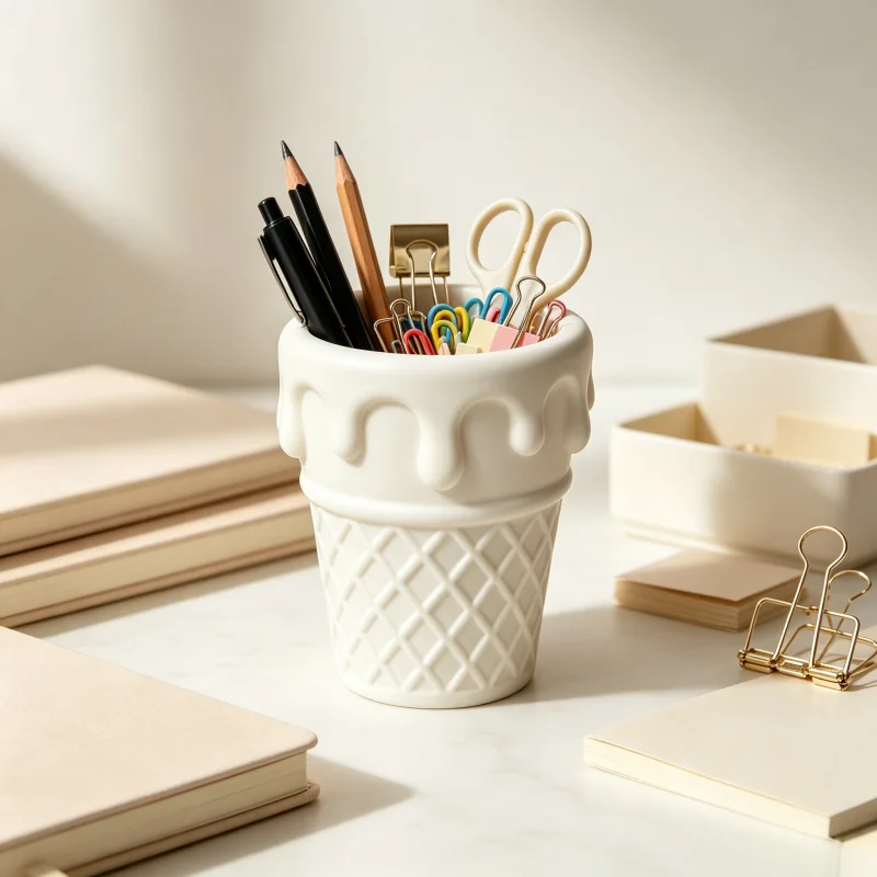 Compact Ice Cream Waffle Cone Pen Holder, Drip-Proof Cream Desktop Organizer, Space-Saving, Suitable for Small Office Desks to Store Stationery
