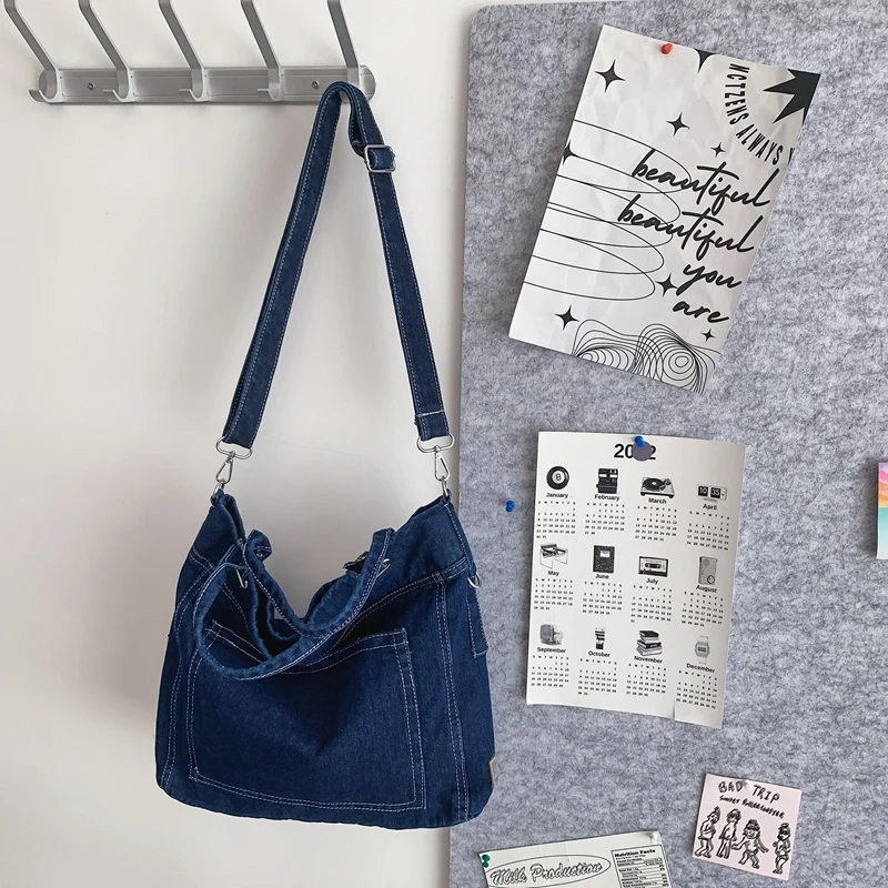 Denim Shoulder Bags For Women Thread Canvas Casual Totes 100% Cotton Tooling Packages Large Capacity Cloth Handbags Korea Bags