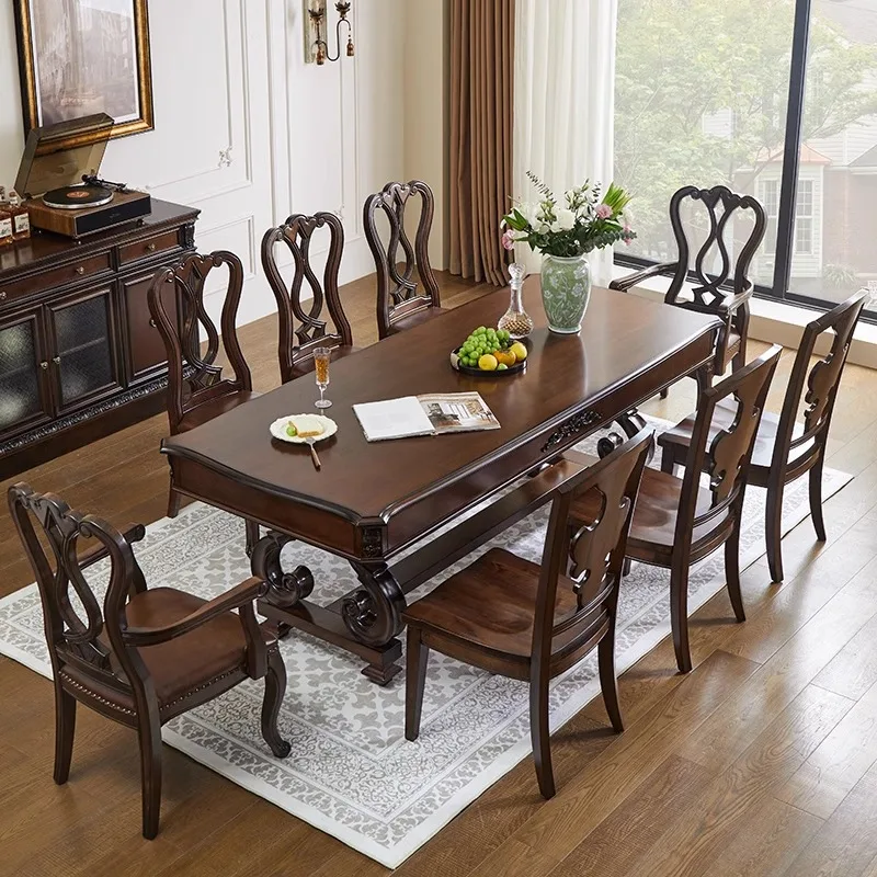 

American pure solid wood dining table horizontal hall long table western table carved 2.2 meters 2.4 meters villa large apartmen