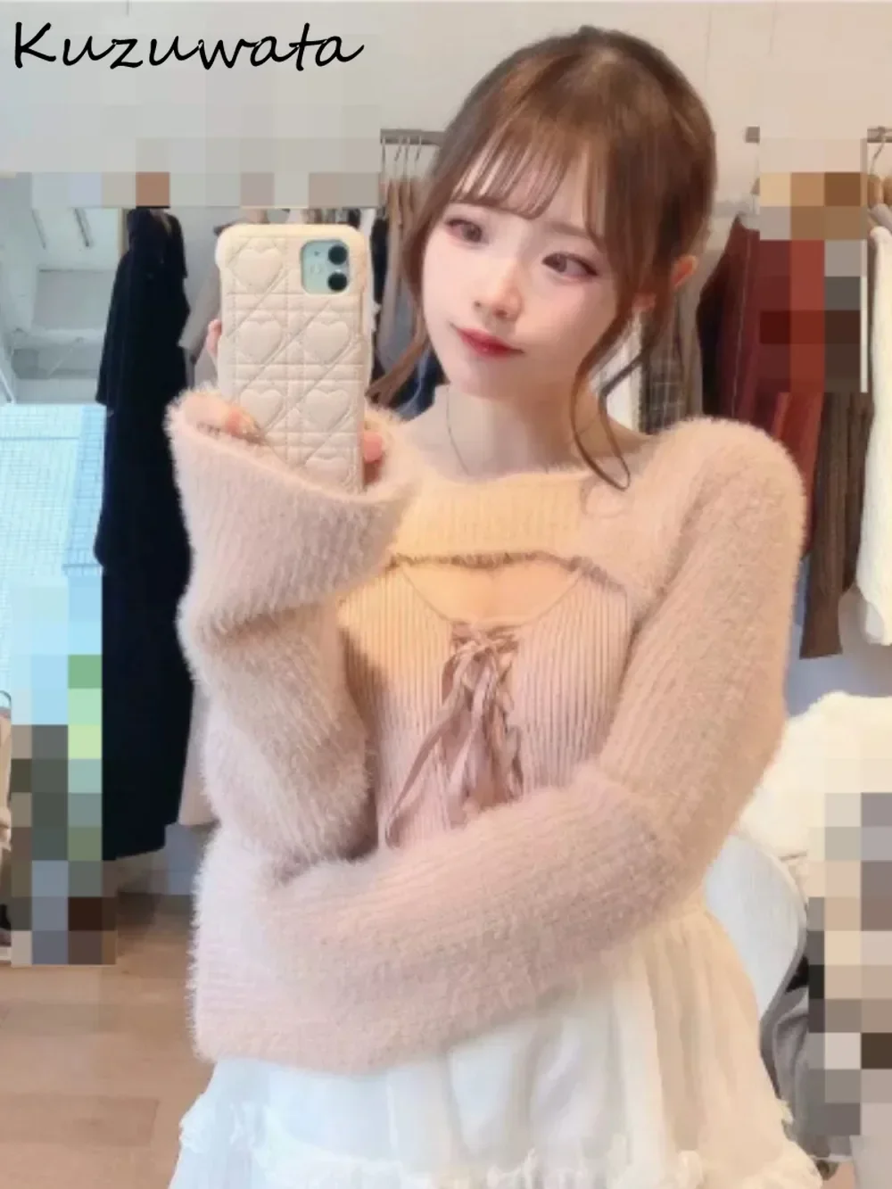 Kuzuwata Celebrity Pure Desire Sexy Flare Sleeve Sweaters Hollow Out Fluffy Knit Lace Up Knitted Japan Fake Two Pieces Pullovers