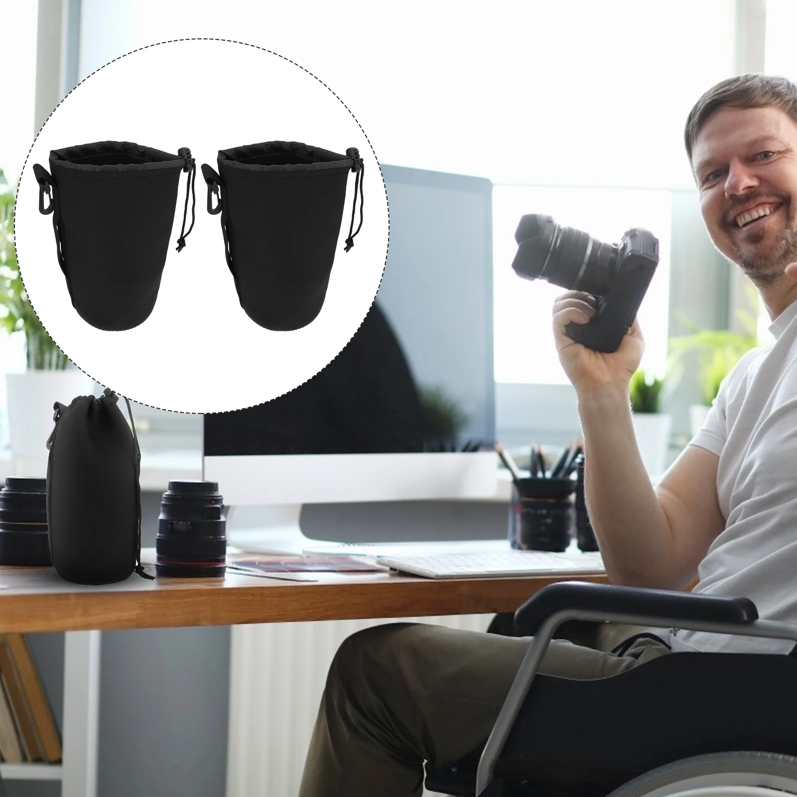 

2pcs Camera Lens Pouch Bag Neoprene Soft Elastic Drawstring Protector Belt Hook Adjustable Mouth For Lenses Up To 22Cm 10Cm