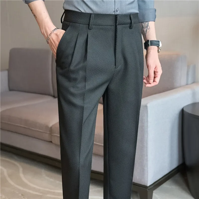 High Waisted Waffle Suit Pants 2024 Autumn British Style Casual Solid Trousers Elastic Slim Fit Formal Dress Pants Men Clothing