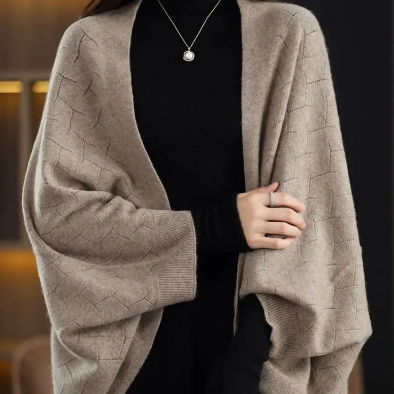 Women Casual Knit Shawl Solid Color Batwing Sleeves Cardigan Soft Warm for Fall/Winter