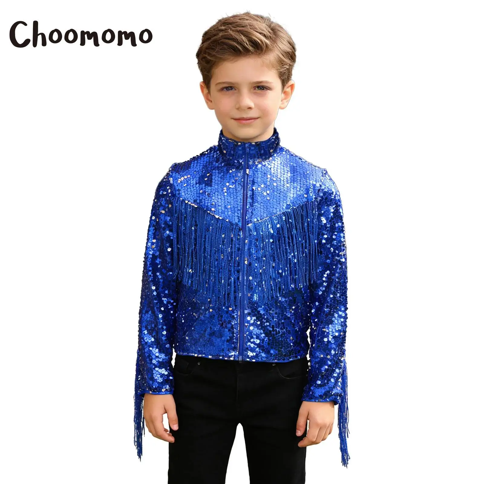 

Boys Glittery Sequin Tassel Disco Jacket Long Sleeve Zipper Fringe Coat Outerwear for Jazz Dancewear Cowboy Fancy Party Dress Up