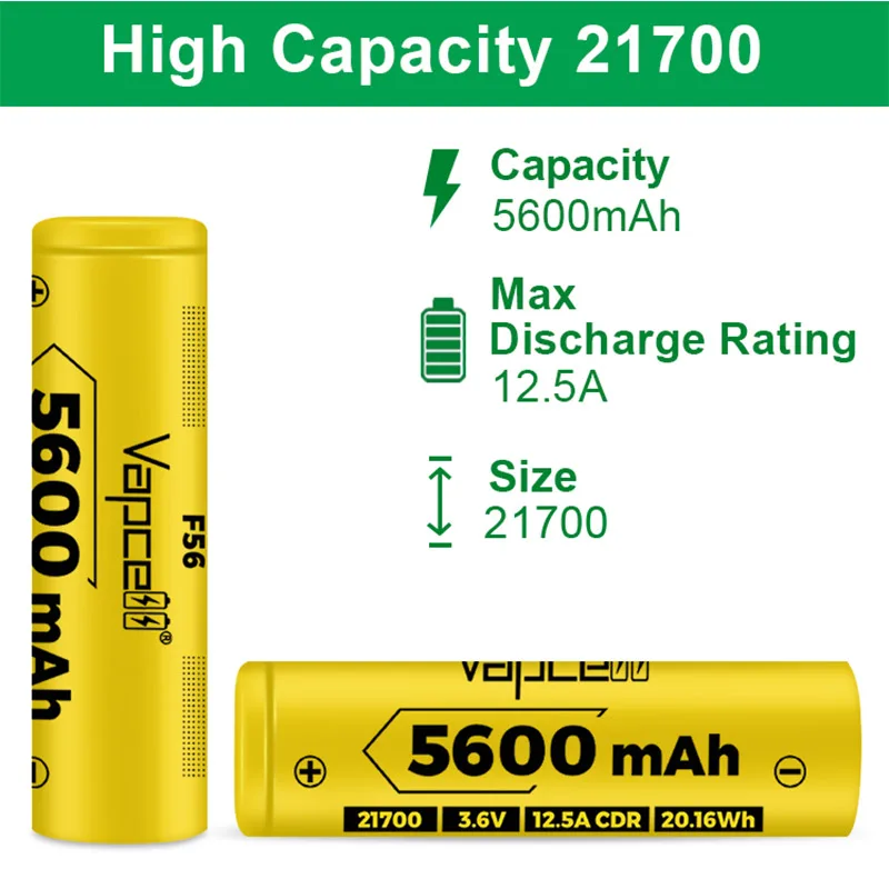 Original Vapcell F56 INR 21700 Battery 5600mAh High Capacity 3.6V Max 12A Rechargeable Lithium Battery For E-bike Scooter Toys