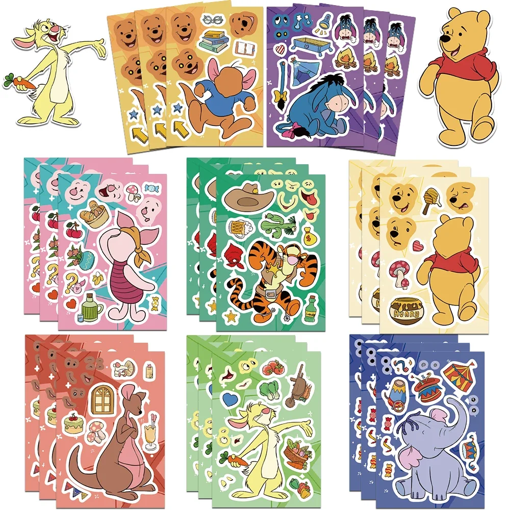 8/16sheets Disney Winnie the Pooh Piglet Tigger Puzzle Stickers Make a Face Cartoon Kids DIY Decals Assemble Jigsaw Toys Gifts