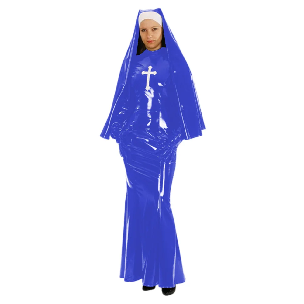 

Shiny PVC Nun Sister Habit Costume for Women, Sexy Bodycon, Mermaid Long Dress with Gloves, Halloween Cosplay, Nun Fancy Uniform