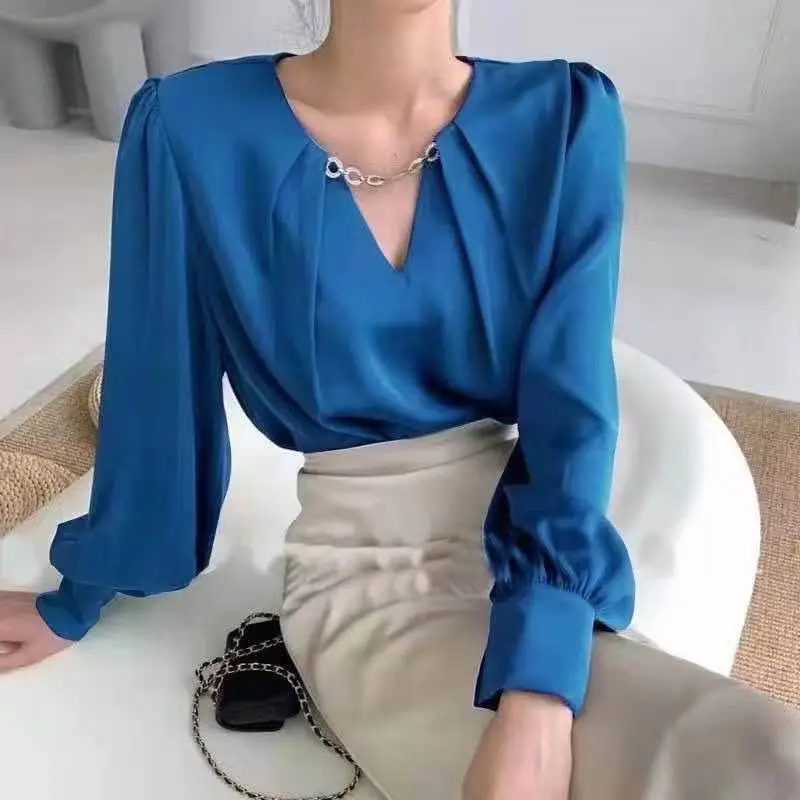 Korea V-Hals Ketting Chiffon Vrouwen Blouse Eenvoudig Kantoor Shirt Lange Mouw Casual Tops Koreaanse Ol O-hals Losse Blouses Vrouwen