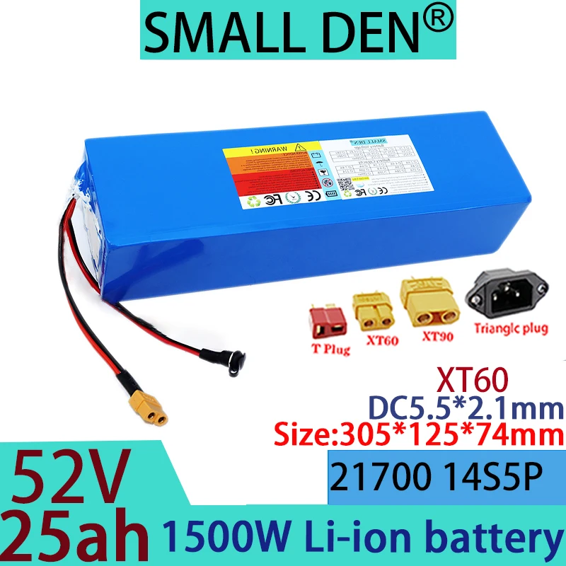 New 52V 25Ah 21700 lithium-ion battery pack 14S5P 1500W high-power built-in 30A BMS electric motorcycle+58.8V 2A 3A 5A charger