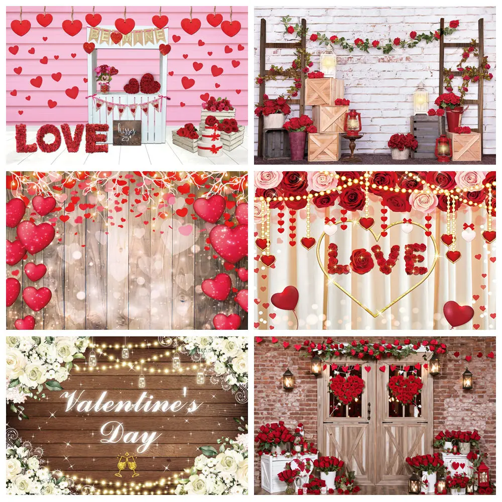 

Happy Valentine's Day Photography Backdrops Glitter Light Love Rose Balloon February 14 Wedding Portrait Photo Background Decor