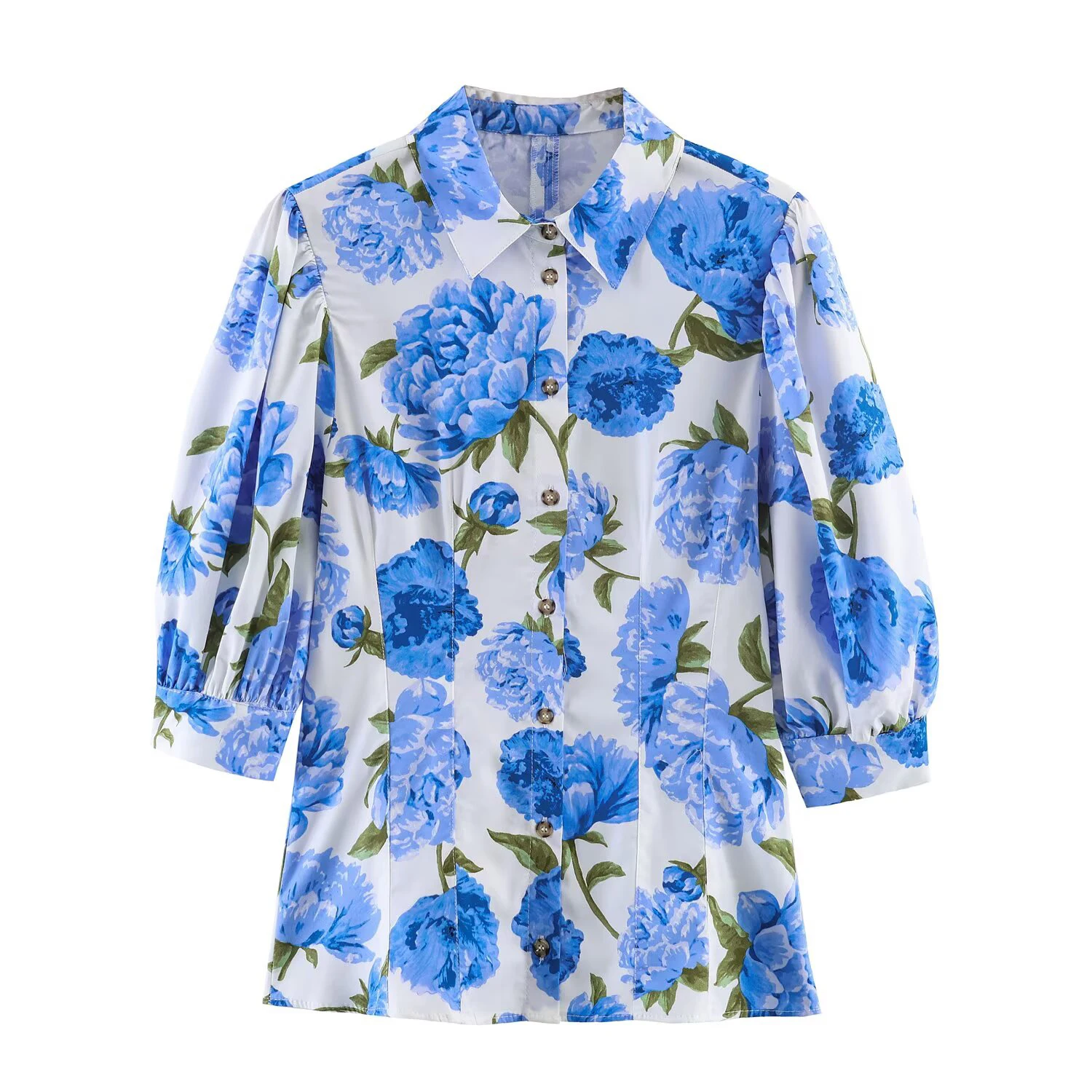 Nouvelle collection printemps - Chemise en popeline à col rabattu et manches bouffantes à imprimé floral, style vacances à la plage pour femmes