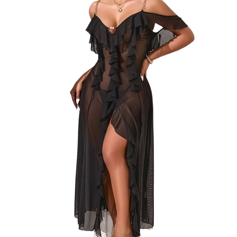 Solid Color Mesh Nightdress With Metal Chain Straps Plus Size Multi-color Loungewear Dress Pure Desire Charming Transparent
