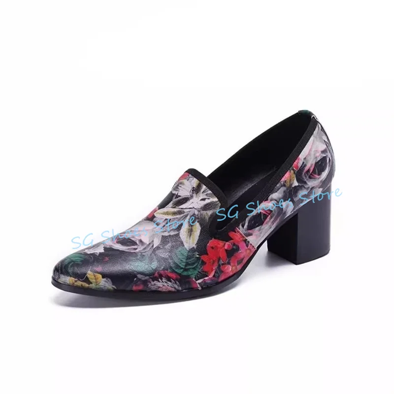 رومانسية روز يطبع مختلط اللون أحذية جلدية بدون كعب للرجال فستان حفلات الزفاف أحذية جولة تو كعب مكتنز الذكور ديربي الأحذية #1