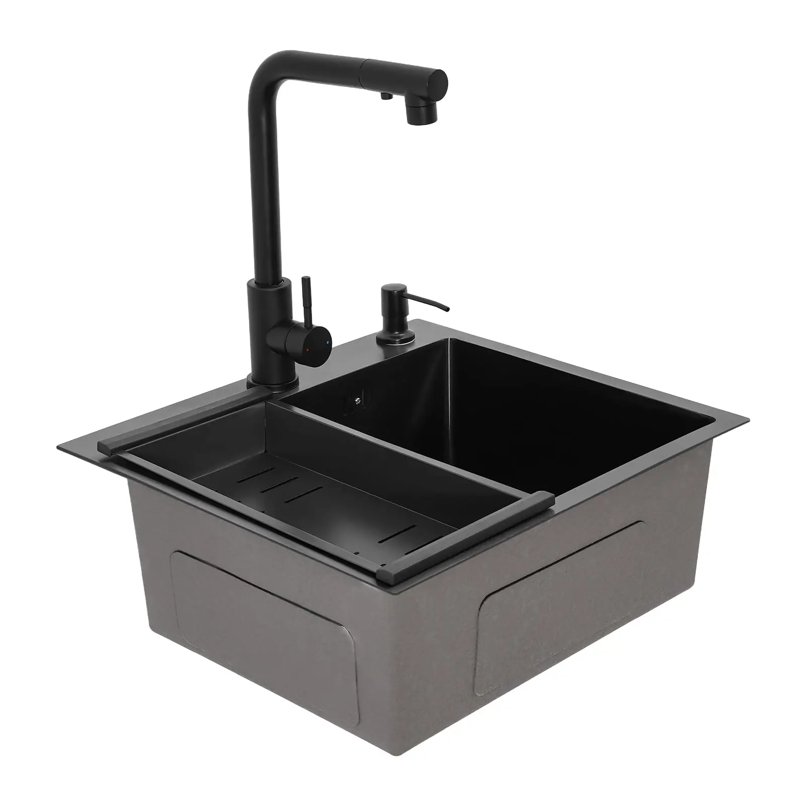 

20 Inch Stainless Steel Single Bowl Sink Topmount/Undermount/Flushmount Kitchen Sink w/Drain Basket & Faucet,Black Sink Workstat