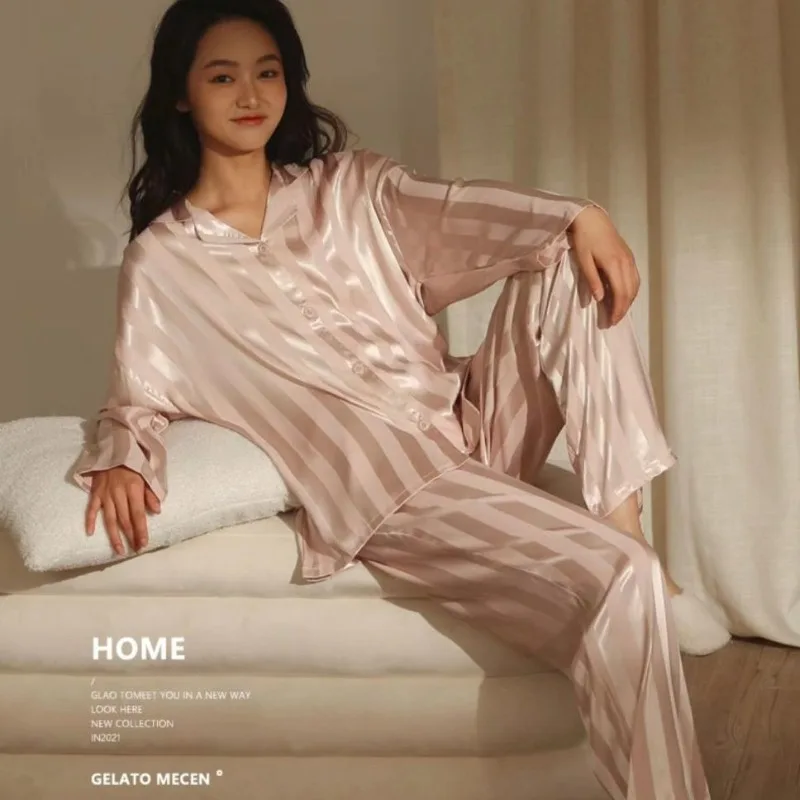 

Ice Silk Pajamas Women Thin Spring and Autumn Long Sleeve Pants High Appearance Level Sweet Stripes Summer Home Wear Set