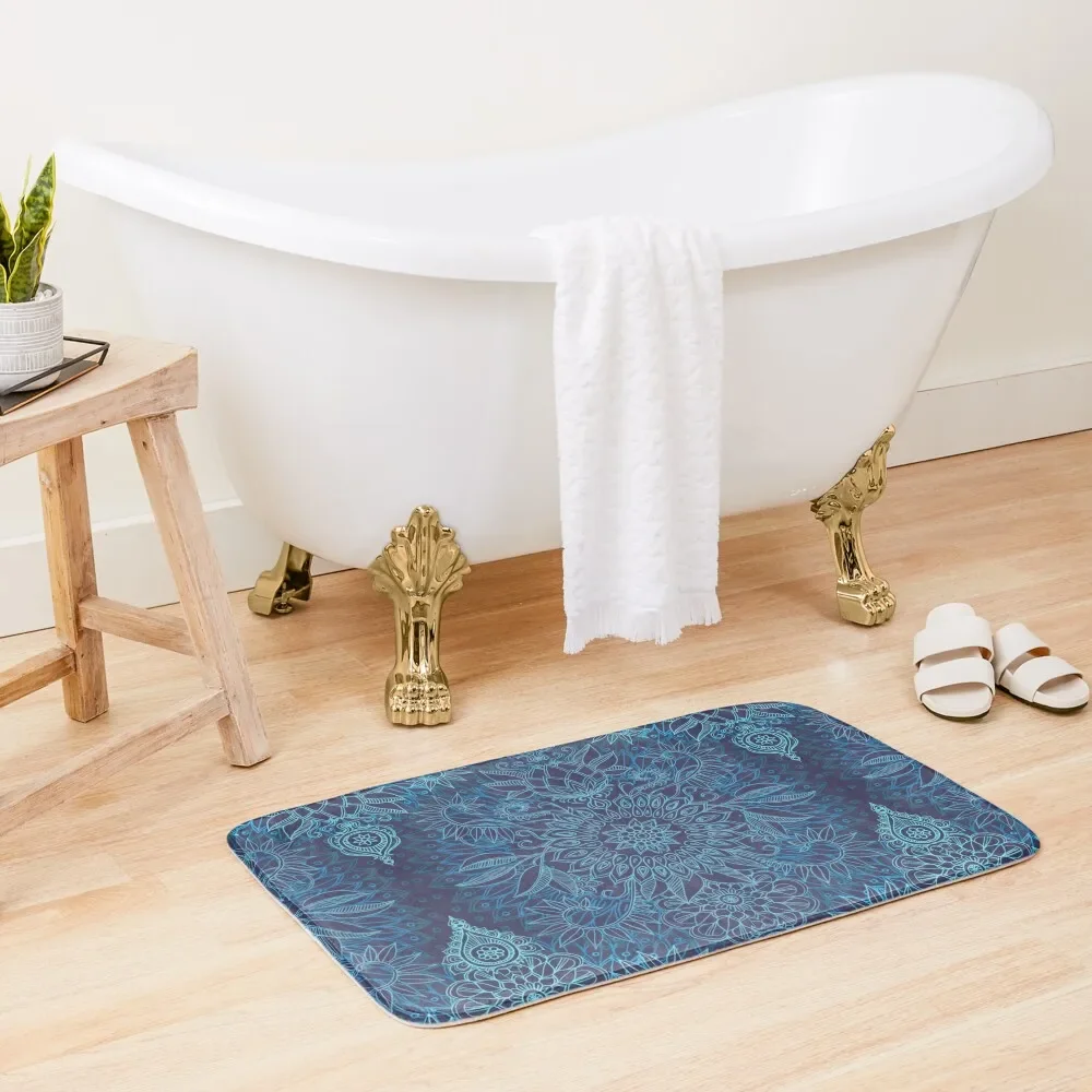 

Aqua, Cobalt Blue & Purple Protea Doodle Pattern Bath Mat Carpet Bathrooms Bathroom Floor Mat