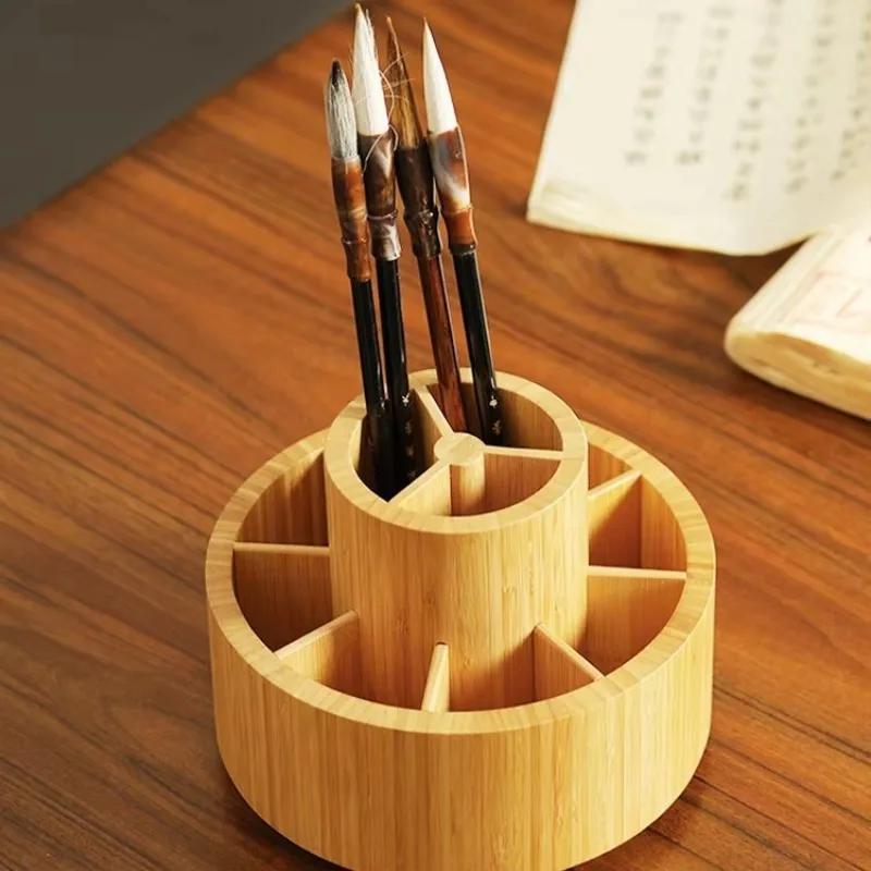 

Makeup Brush Holder for Vanity, Rotating Bamboo Pen Stand for Office Desk, Circular Stationery Organizer for Home Workspace