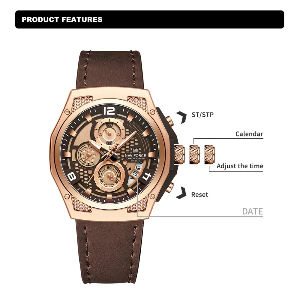 NAVIFORCE Luxury Wristwatch for Man Waterproof Luminous Chronograph Date Men Sports Leather Watch Mens Quartz Watches Male relo