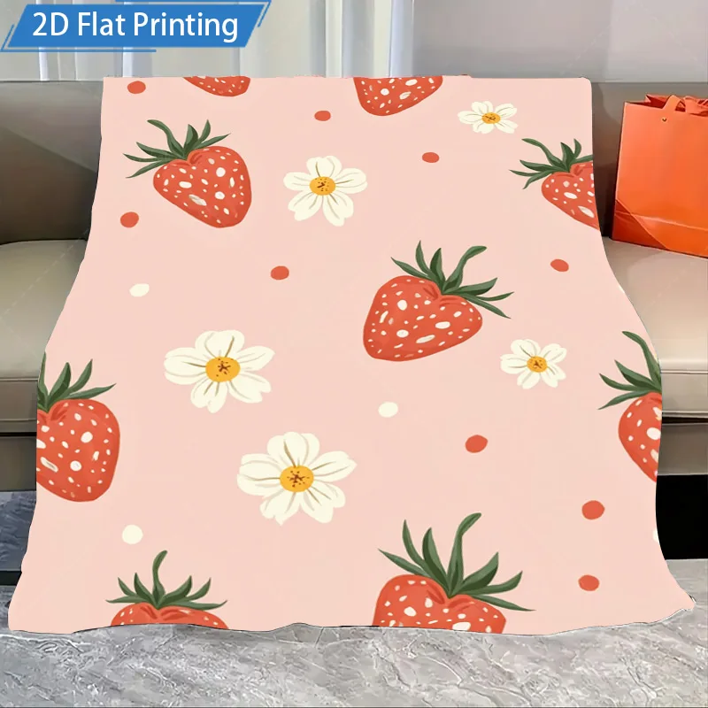 

1pc Flannel Blanket Cute Strawberry Daisy Print Blanket Soft Cozy Throw for Bed Couch Living Room Decor 2D Flat Printing