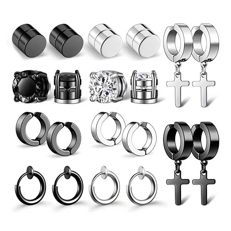 10 Pairs Of Non-pierced Earrings Stainless Steel Non-pierced Earrings Cross Pendant Hoop Earrings For Men Clip-on Earring Set