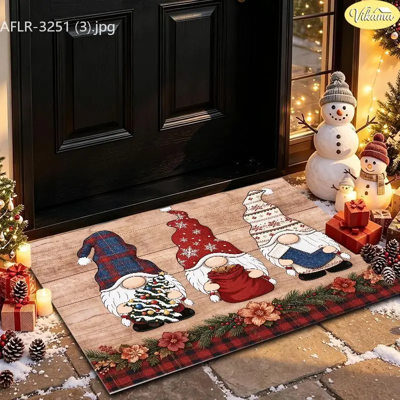 VIKAMA Wood Gnome Poinsettia Entryway Rug Non Slip Low Profile Mats for Outside Front Door Xmas Holiday Decor Washable