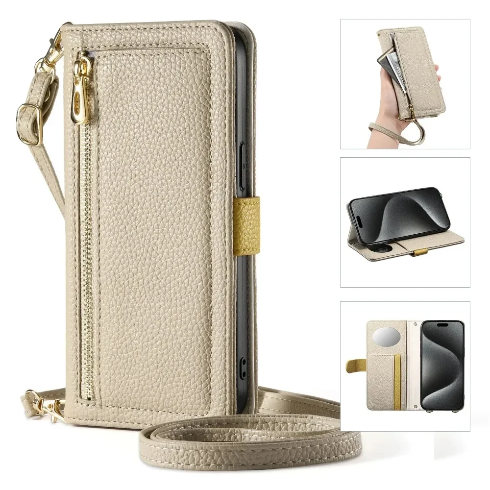 

Zipper Flip Wallet Mirror Card Holder Crossbody Lanyard Case For iPhone 17 Air 16 15 14 13 12 16e Pro Max Plus PU Leather Cover