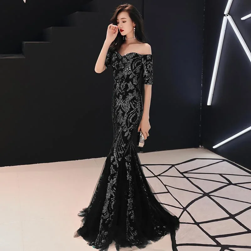 Evening Dress Black Sequins Stretchy Off shoulder Zipper Back Mermaid Trumpet Floor Length Women Party Formal Gowns YE122