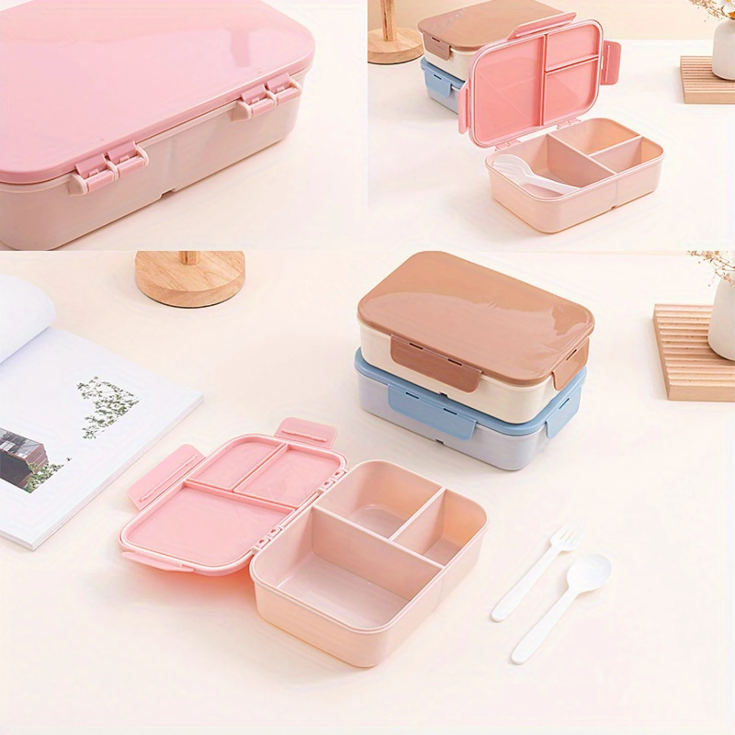1pc Bento Box With Cutlery, Flap Divided Lunch Box, Microwaveable Bento Box, Sealed Leak-proof Lunch Box